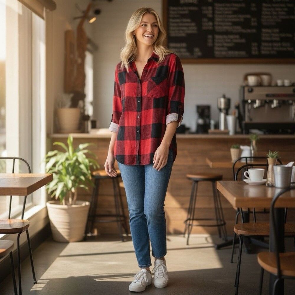 Thread + Supply Womens Burgundy & Black Plaid Flannel Long Sleeve Blouse Medium